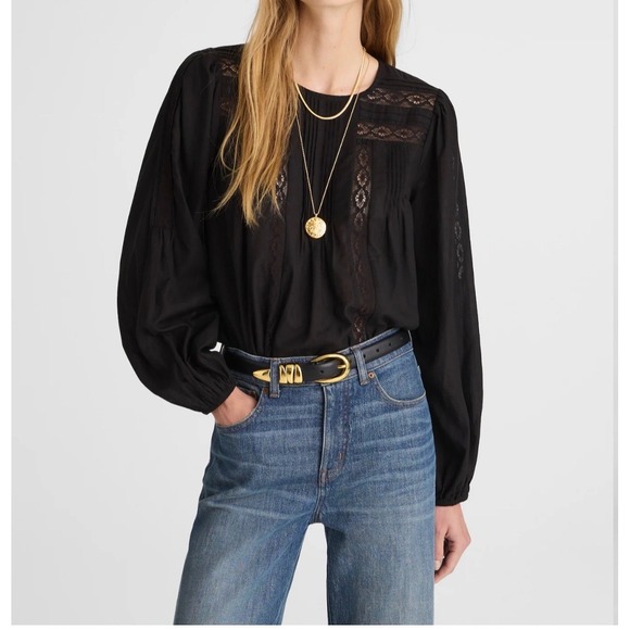 Madewell Tops - Madewell Black Lace-Insert Pintuck Long Sleeve Blouse Womens Size S NWT NW717